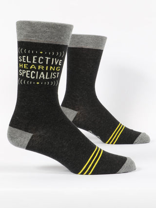 Pair of black Blue Q Selective Hearing Specialist men's crew socks with gray cuffs, heels and toes and yellow stripes