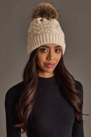 Beige Cable Knit Faux Fur Pom Hat