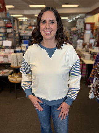 Women's Blue Striped Color Block Sweatshirt