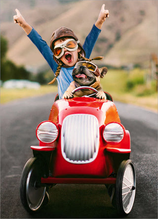 Birthday Greeting Card Kid & Dog In Go Cart