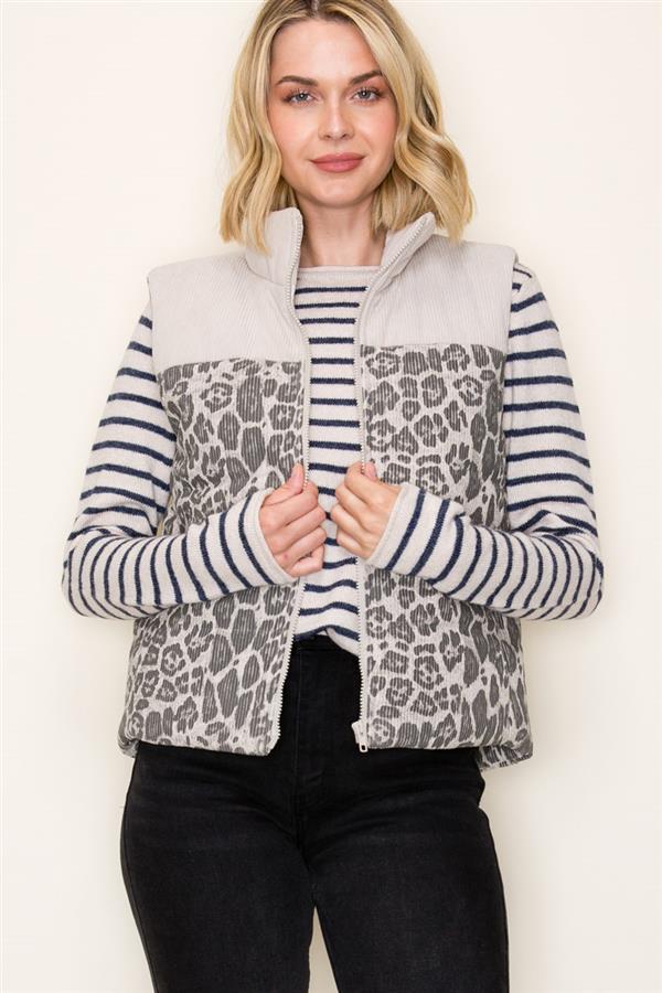 Animal Print Contrast Corduroy Puffer Vest