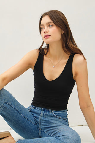 Double Lined V-Neck Tank Top - Black