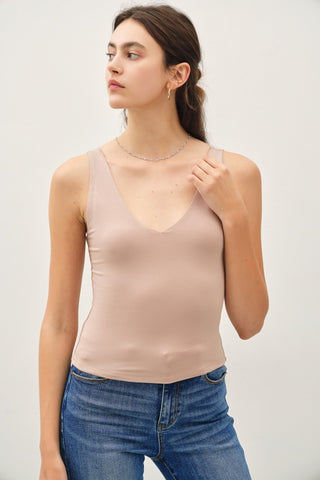 Double Lined V-Neck Tank Top - Taupe