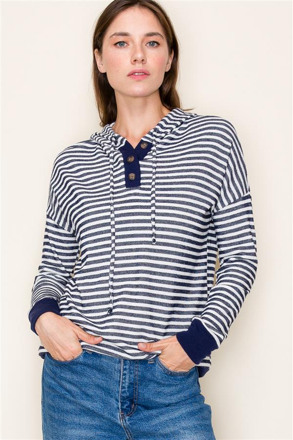 Navy Striped Button Hoodie Top