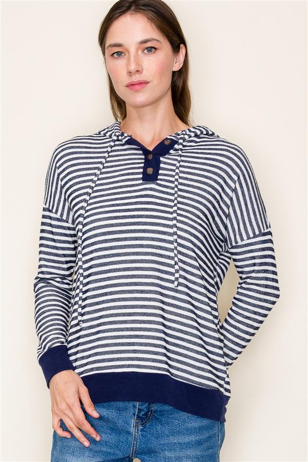 Navy Striped Button Hoodie Top