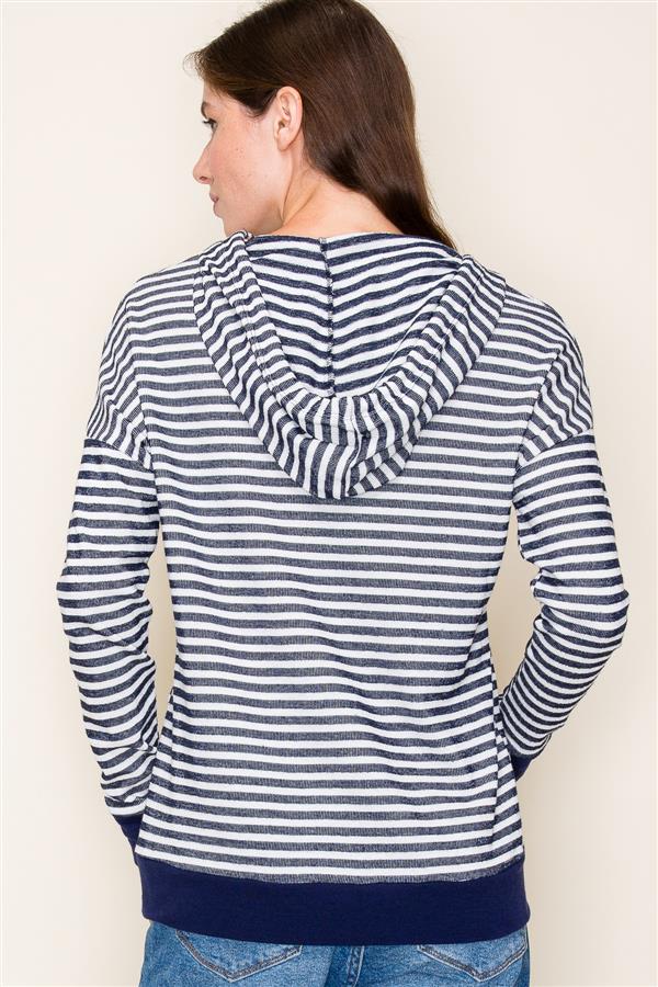 Navy Striped Button Hoodie Top