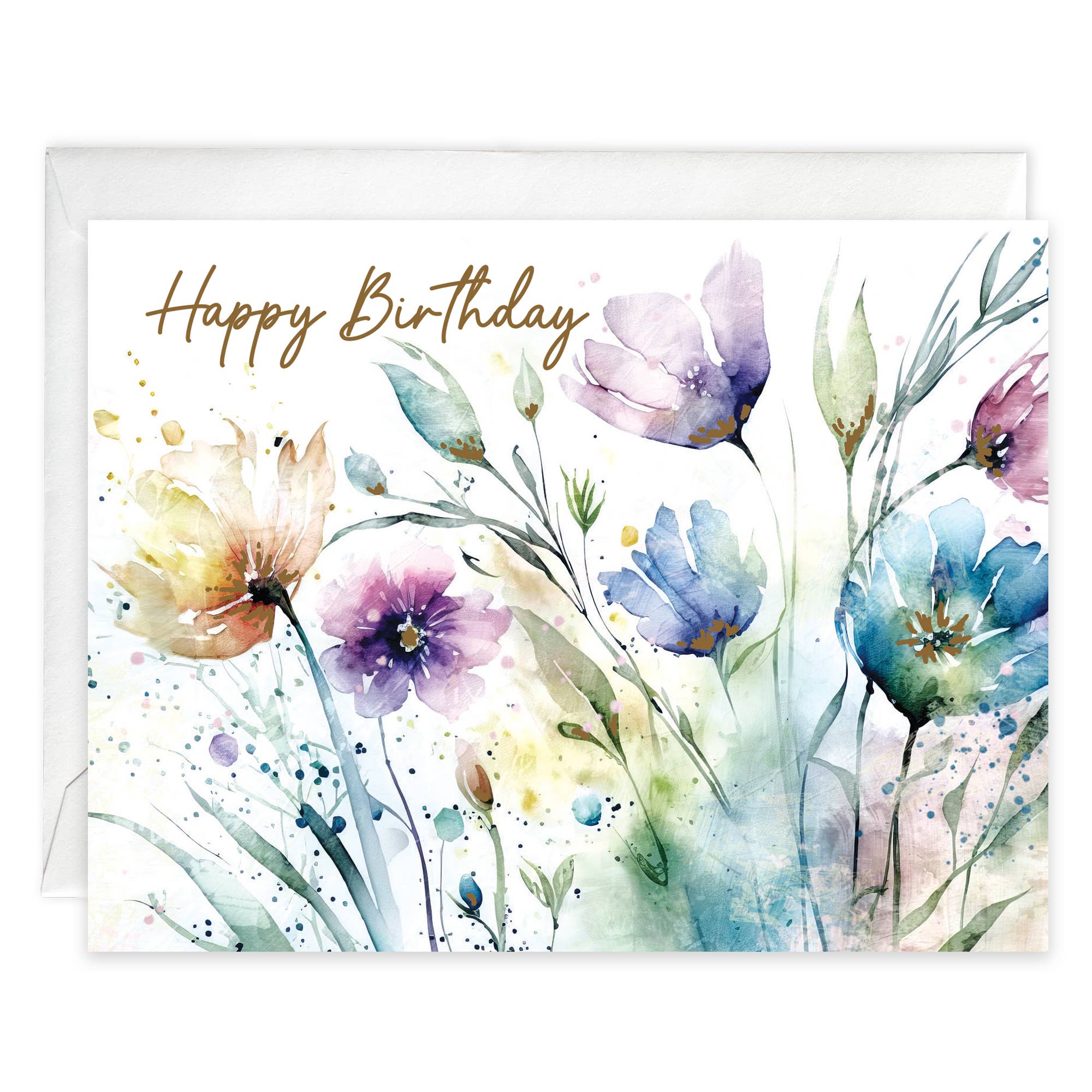 Watercolor Blooms Birthday Greeting Card | Gold Foil Card