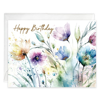 Watercolor Blooms Birthday Greeting Card | Gold Foil Card