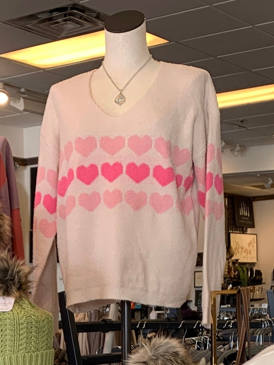 Hearts V-Neck Soft Yarn Pullover Sweater