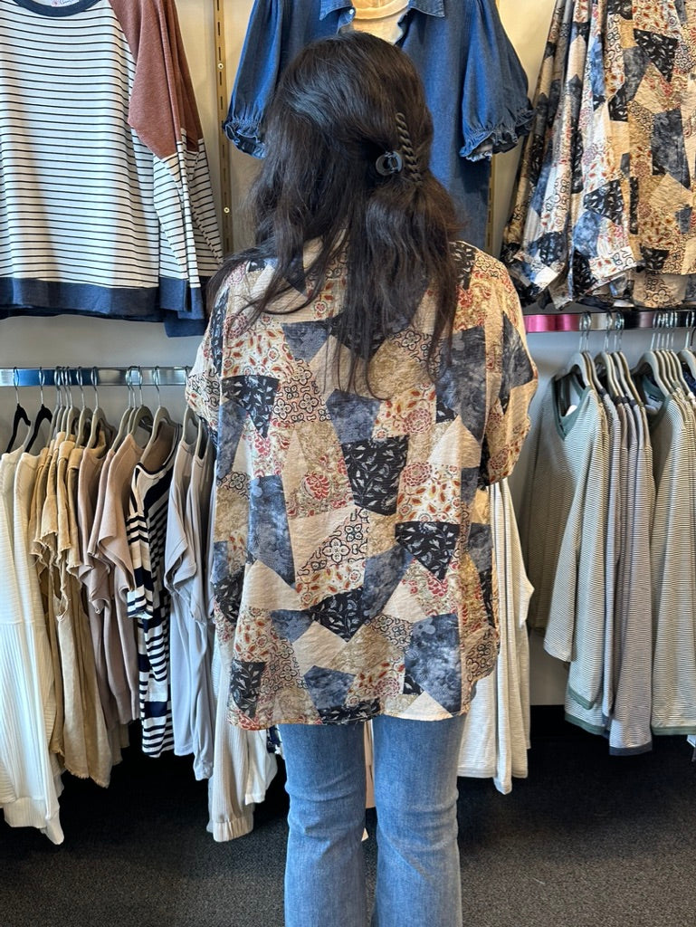 Multi Patterned Oversized Button Down Top