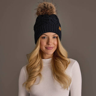 Navy Cable Knit Faux Fur Pom Hat