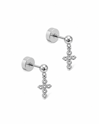 Millie CZ Cross Drop Screwback Earrings – Silver Tone