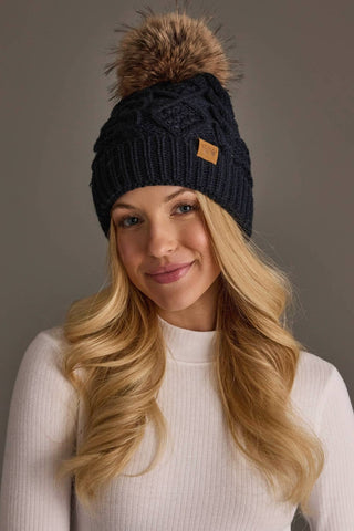 Navy Cable Knit Faux Fur Pom Hat