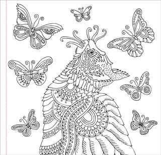 Coloring page with intricate design of a dragon and butterflies.