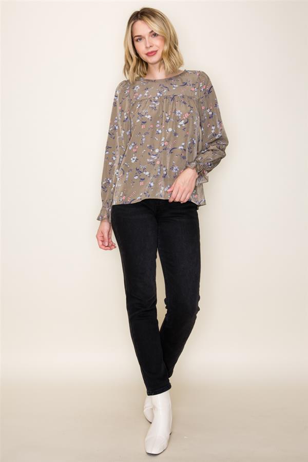 Ruffle Hem Sleeve Floral Print Top