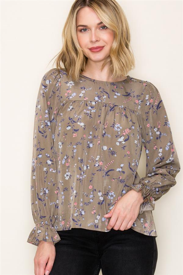 Ruffle Hem Sleeve Floral Print Top