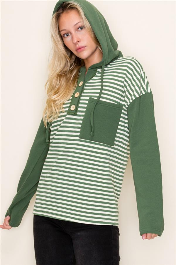 Half Button Color Blocked Striped Hoodie