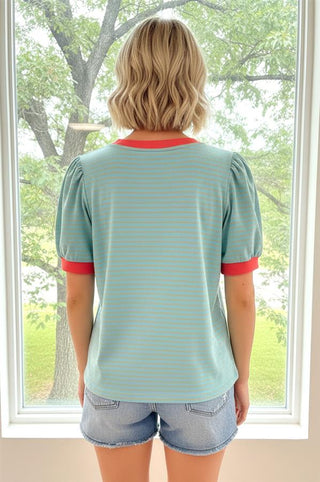 Half Puff Sleeve Striped Top