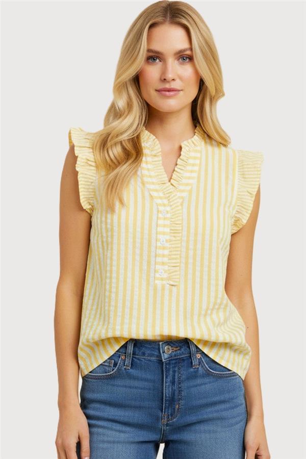 Frilly Button Seersucker Striped Top