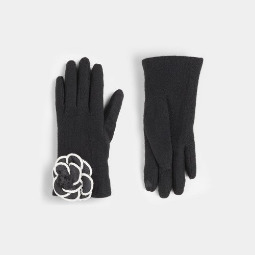 Flower Embellished Black Touchscreen Gloves