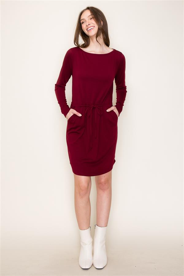 Solid Color Drawstring Waist Jersey Dress