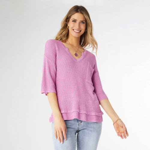 V-Neck Elbow Sleeve Knit Top