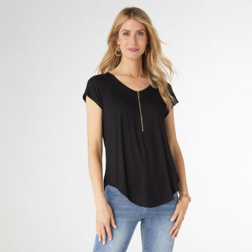 Cap Sleeve V-Neck Zipper Top