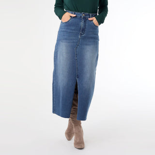 EverStretch Long Denim Skirt w/ Front Slit FINAL SALE