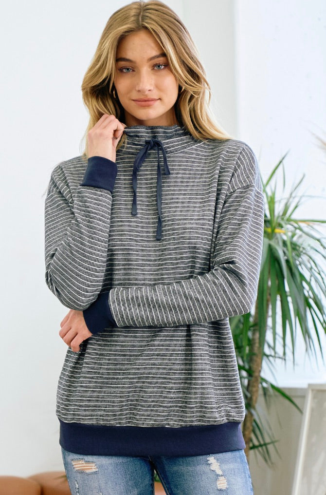 Mock Necked Navy Striped Top