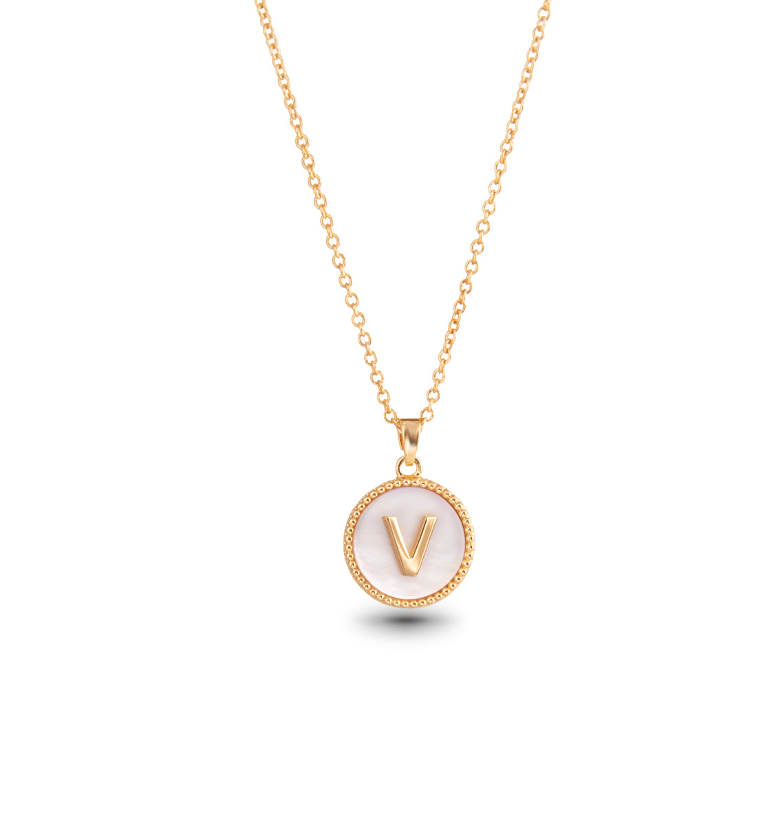 Gold Mother of Pearl Initial Necklace - V