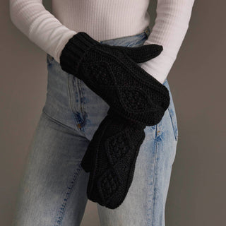 Black Cable Knit Fleece-Lined Mittens