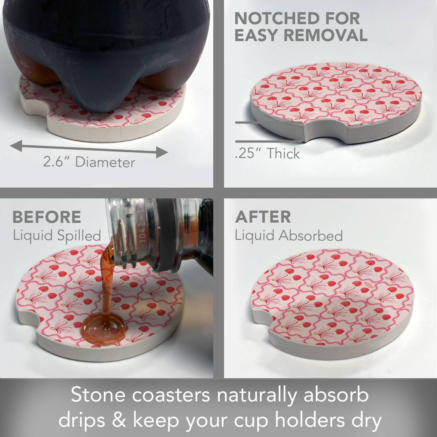 Sketched Cherries Single Stone Car Coaster