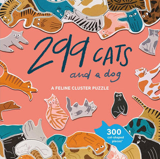 Cover of 299 Cats (and a Dog) 300-piece cluster puzzle featuring uniquely shaped cat puzzle pieces and colorful feline illustrations.