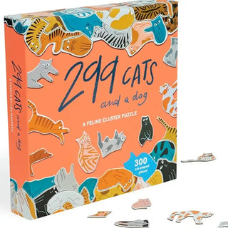 299 Cats (and a Dog) 300-piece cluster puzzle featuring uniquely shaped cat puzzle pieces and colorful feline illustrations.