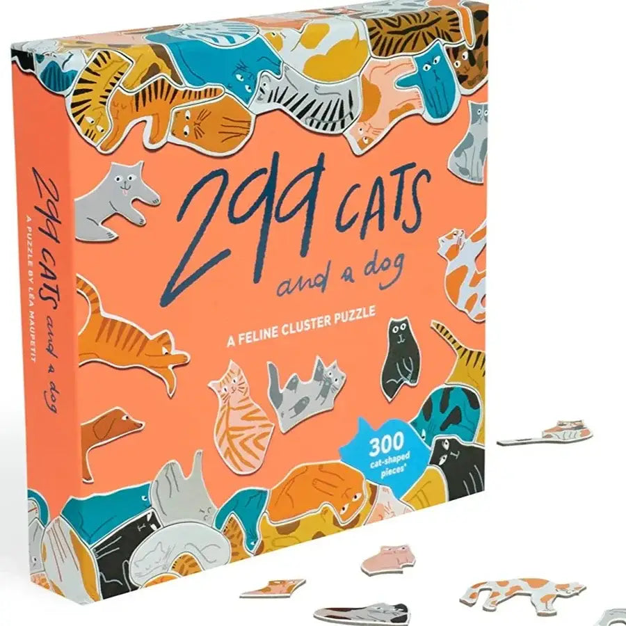 299 Cats (and a Dog) 300-piece cluster puzzle featuring uniquely shaped cat puzzle pieces and colorful feline illustrations.