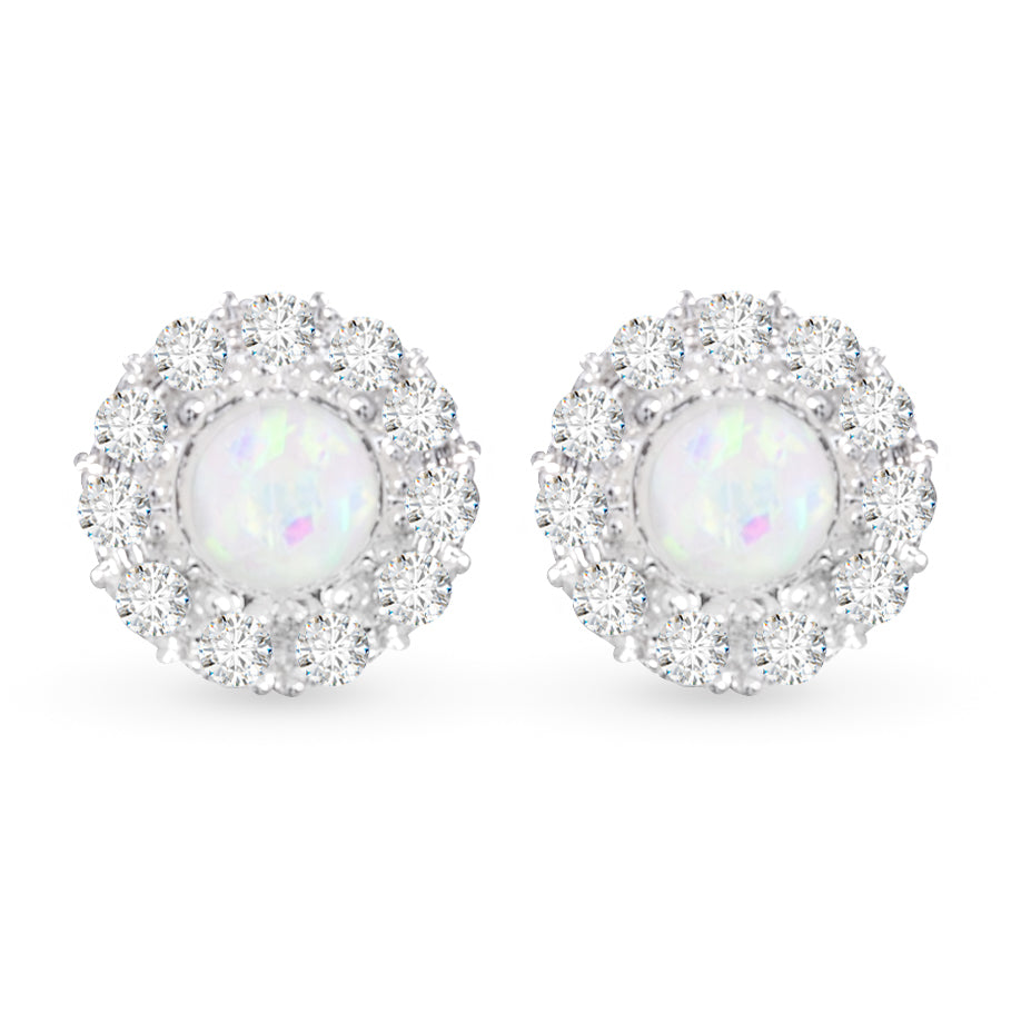 Small CZ & Opal Round Stud Earrings - Silver