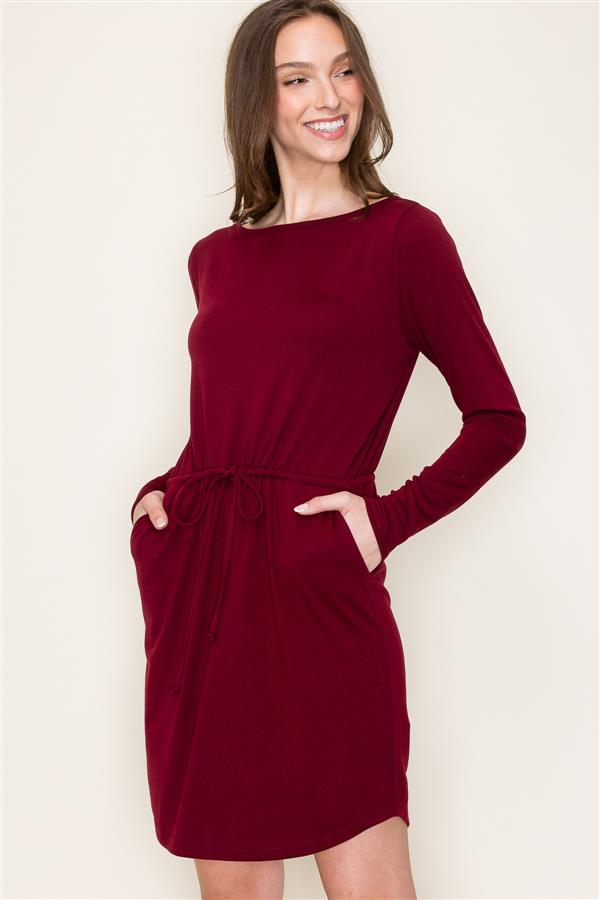 Solid Color Drawstring Waist Jersey Dress