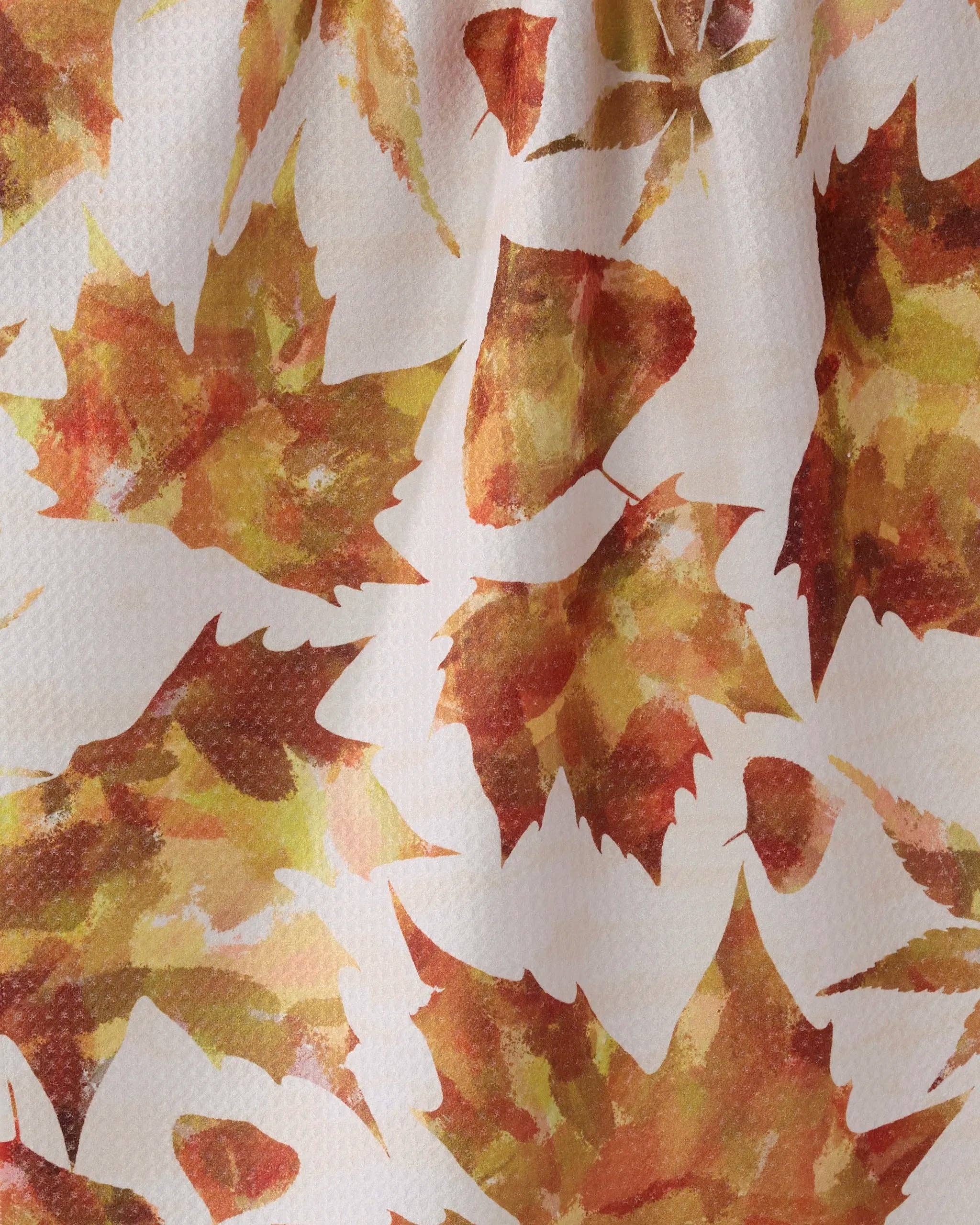 Geometry Painted Fall Tea Towel | Watercolor Maple Leaf in Fall Colors