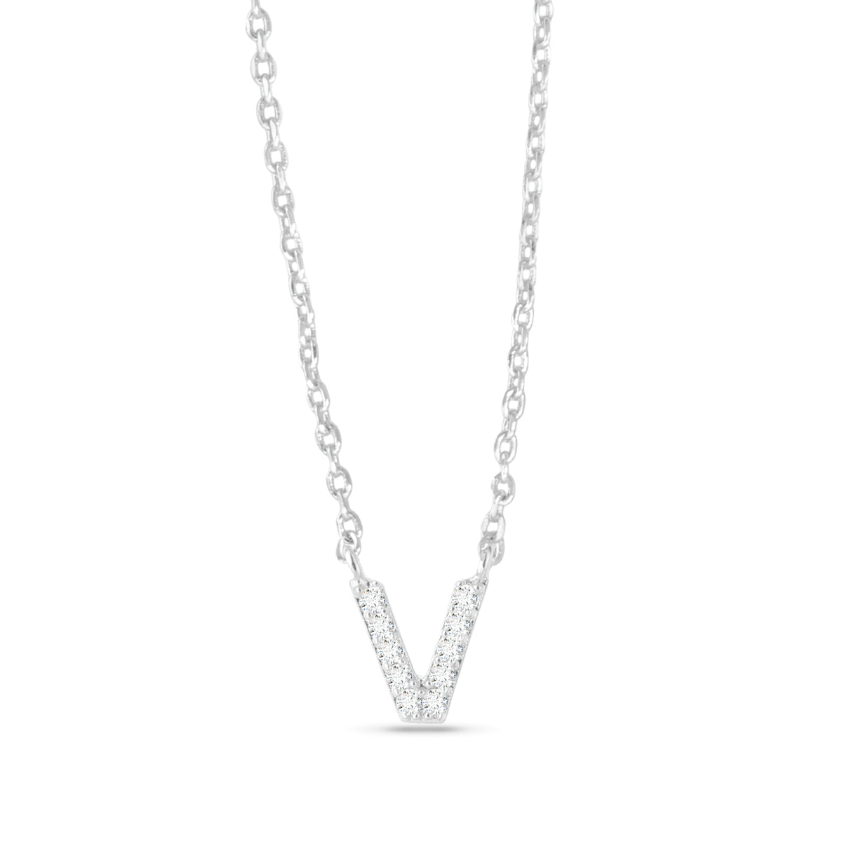 Silver CZ Initial Necklace - V