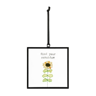 Find Your Sunshine Suncatcher by DEMDACO — full view of the square black metal floating frame showing the sea glass sunflower and "find your sunshine" sentiment, hung by a black grosgrain ribbon against a white background