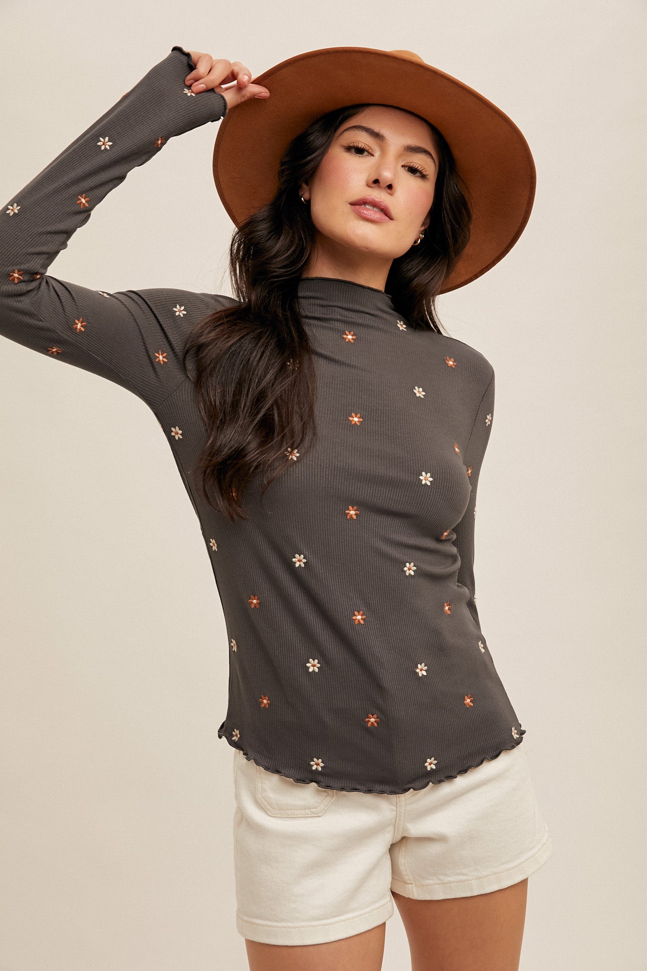 Embroidered Ribbed Mock Neck Top FINAL SALE