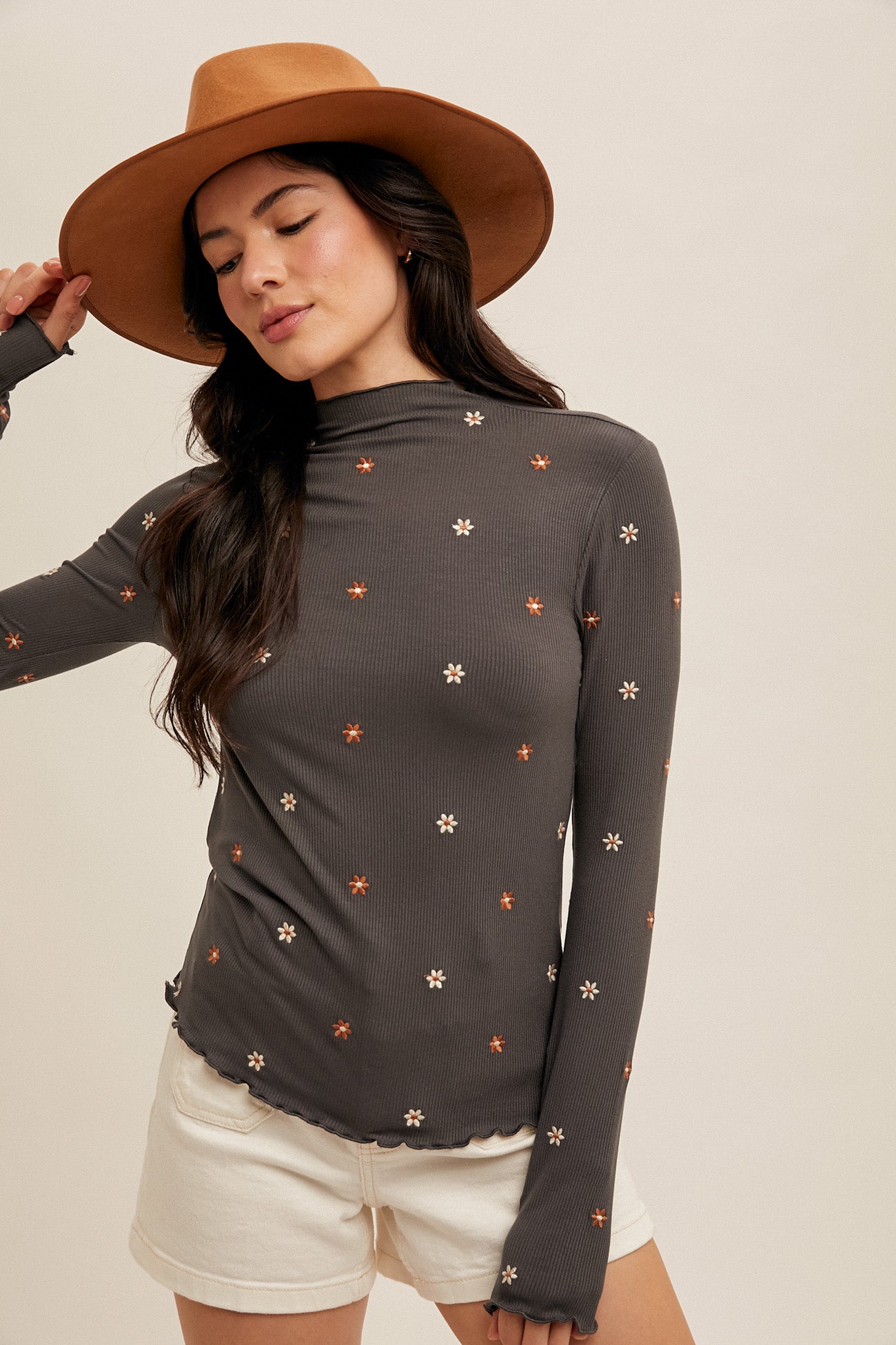 Embroidered Ribbed Mock Neck Top FINAL SALE