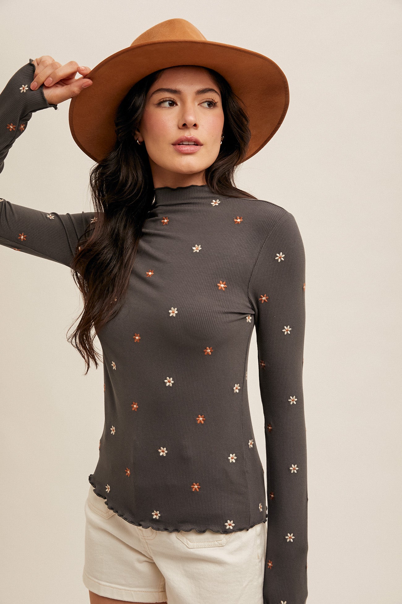 Embroidered Ribbed Mock Neck Top FINAL SALE