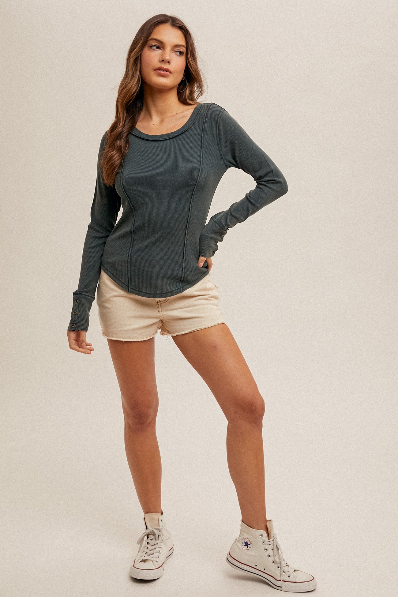 Wide Boat Neck Ribbed Henley Top