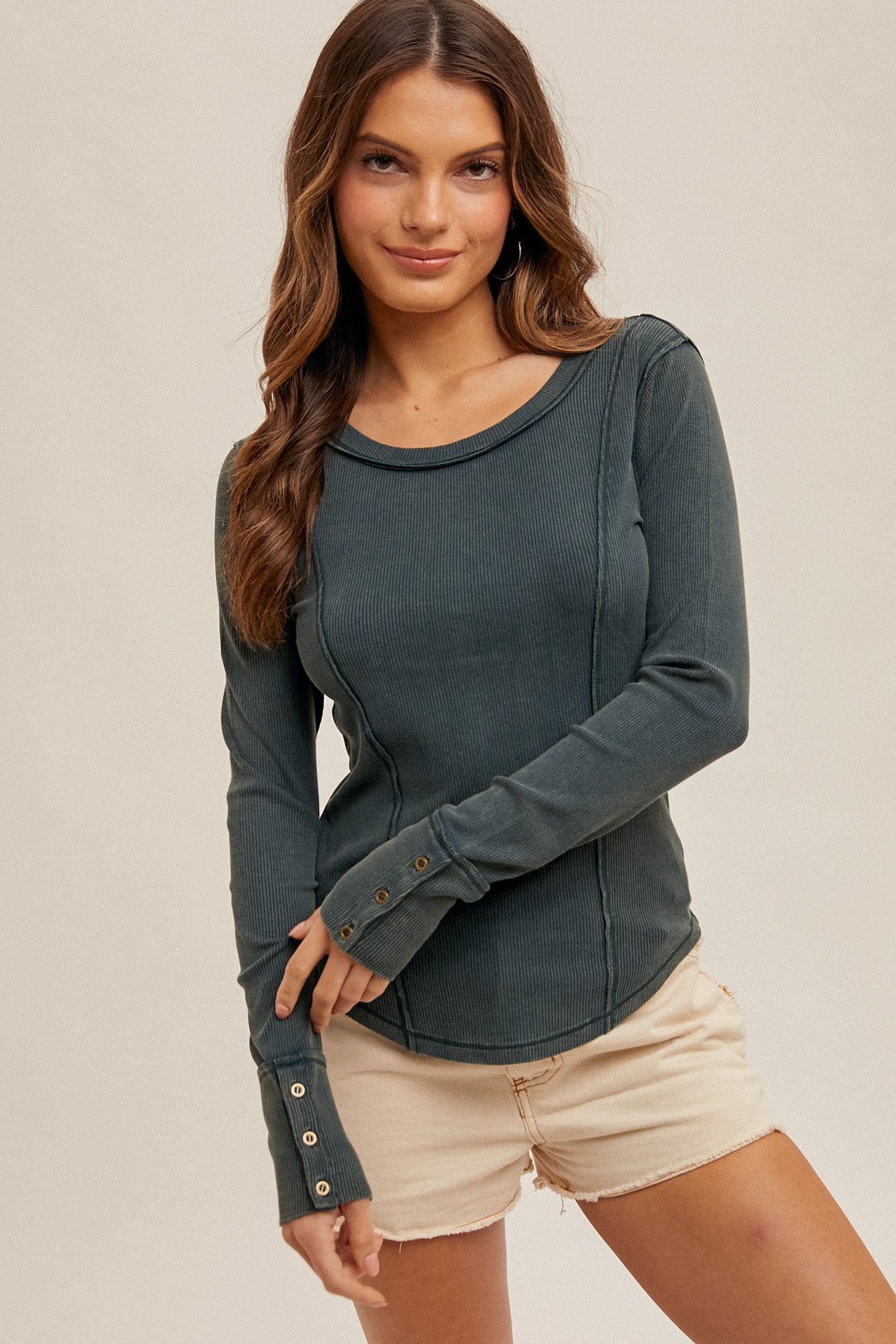 Wide Boat Neck Ribbed Henley Top