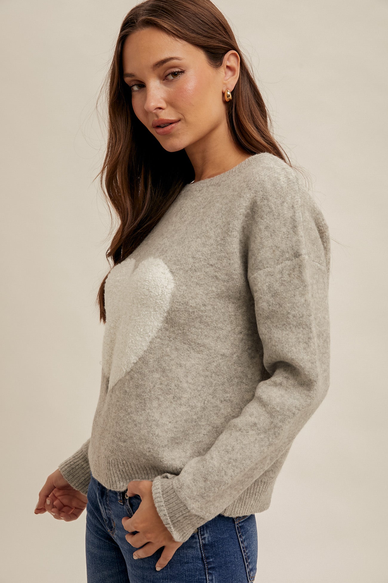 Heart Motif Heather Grey Sweater