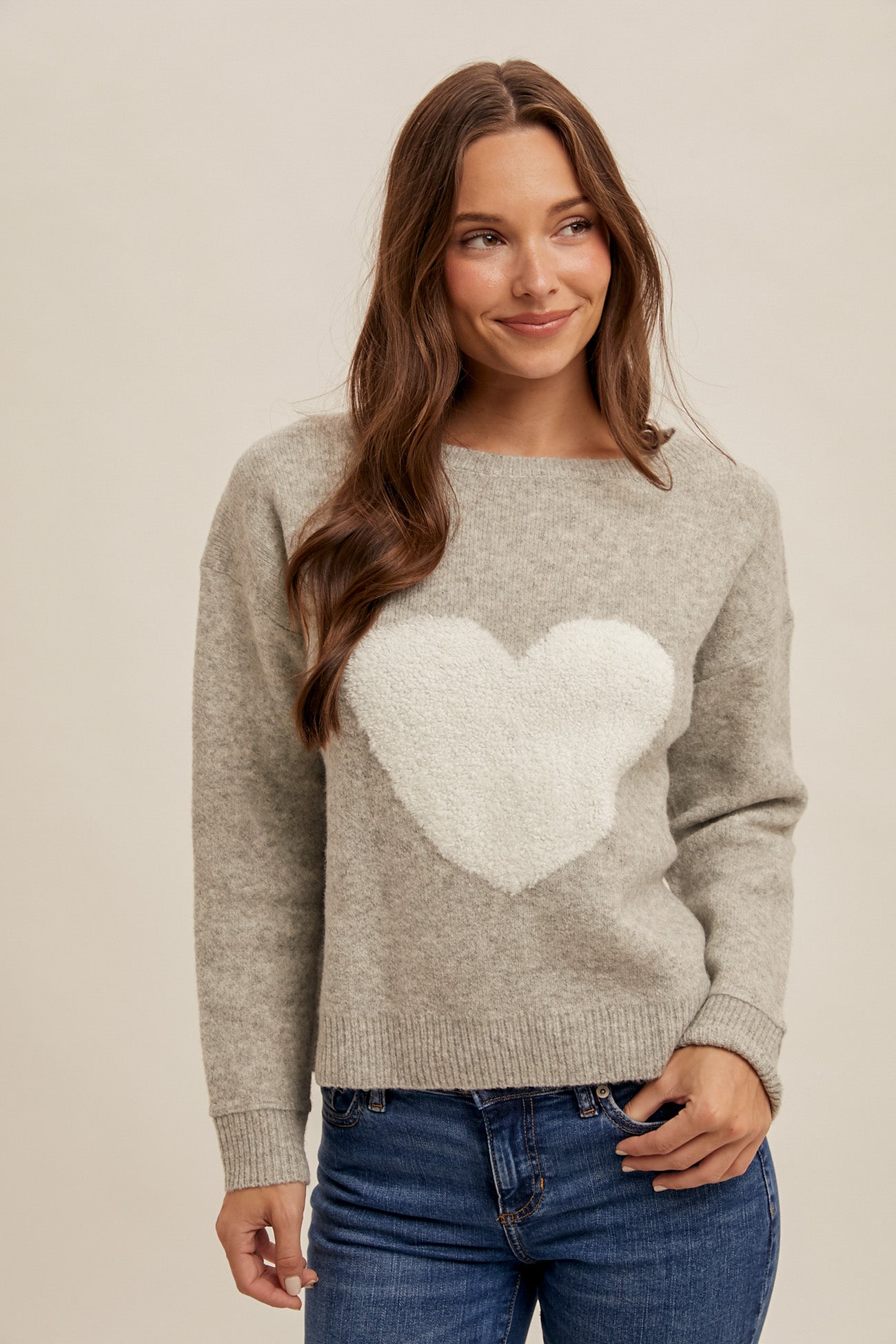 Heart Motif Heather Grey Sweater