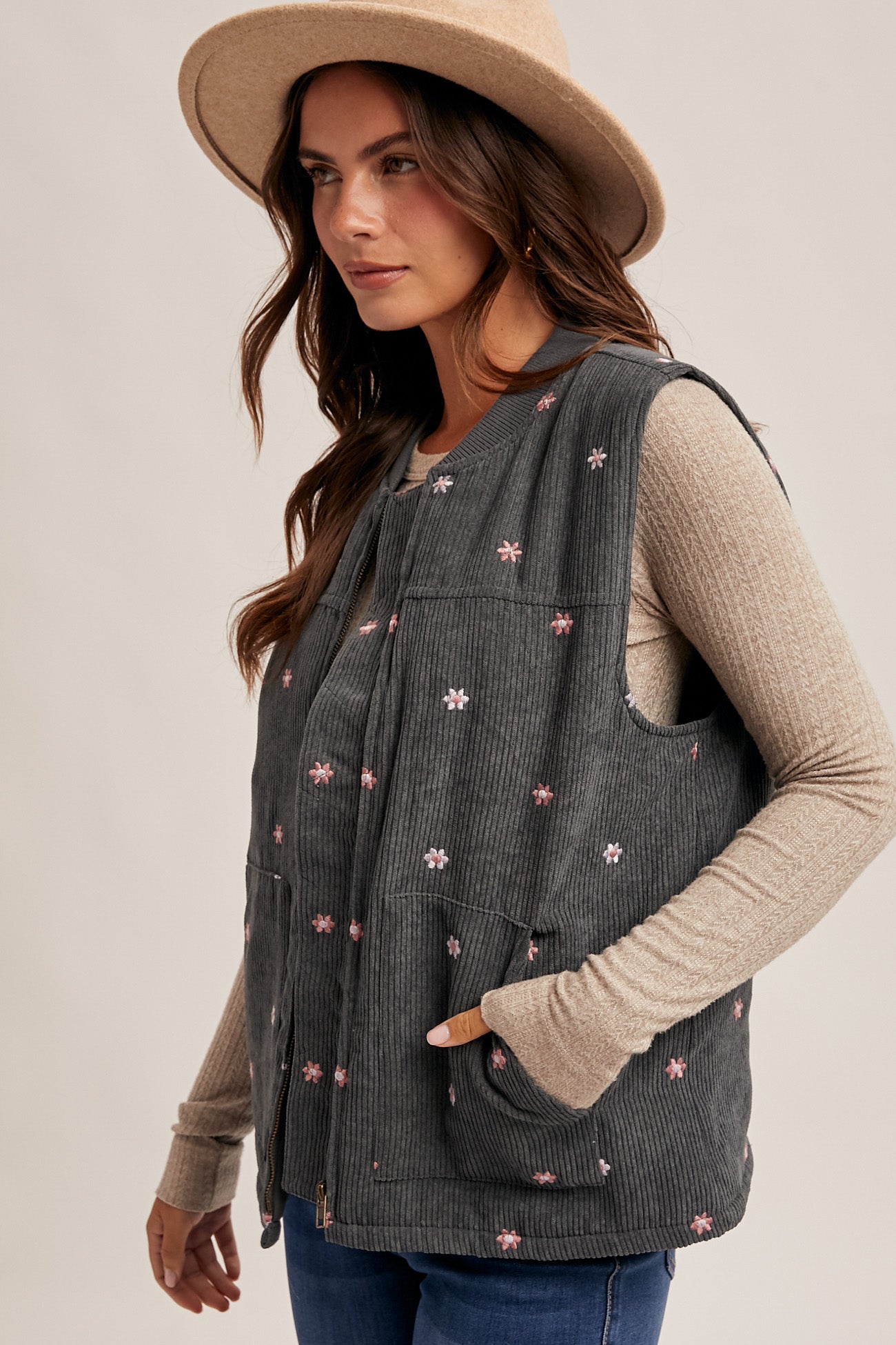 Floral Embroidered Corduroy Vest