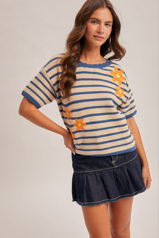 Floral Embroidered Striped Sweater Top