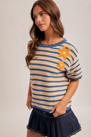 Floral Embroidered Striped Sweater Top